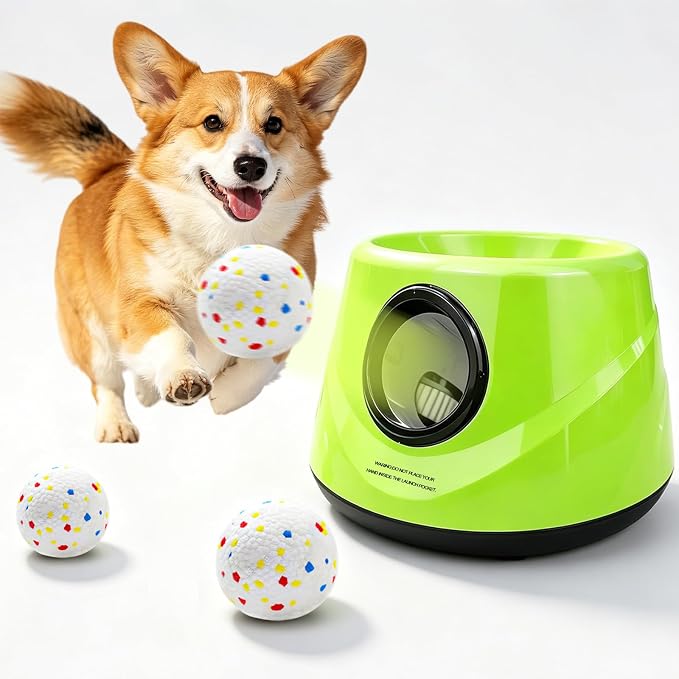 XIMUSON automatic dog ball launcher on a living room floor with a dog waiting to play