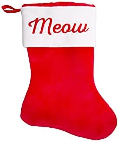 Pearhead Meow Cat Christmas Stocking, Plush Red Pet Holiday Stocking with Sherpa Cuff, Classic Cat Stocking for Treats, Toys, and Pet Gifts by Pearhead