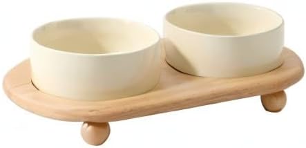 Havniva Raised Cat Bowl 5.1” Elevated Ceramic Cat Food and Water Bowl Set | Cat Bowls Elevated, Whisker Friendly Cat Bowl, Non-Slip Wood Stand, Food-Grade Ceramic, Wide Opening, Dishwasher Safe