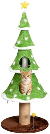 59 Inches Cat Christmas Tree with 2 Houses, Cat Tree Tower for Christmas, Kitty Friendly Christmas Tree with Sisal Scratching Post & Toy Ball, Tower for Indoor Cat – Green & White by Unknown
