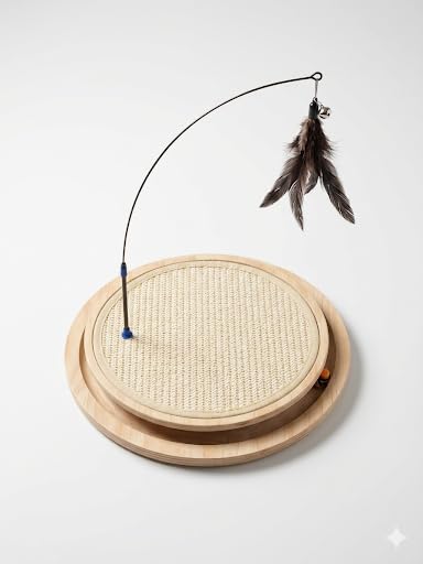 Instinct Wood Play System Cat Scratcher, Oval Wooden Scratching Pad with 3 Ball Track, Long Feather Wand, Catnip and No-Tool Setup, 15 x 13 Inch