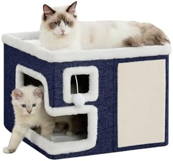 Cat Houses for Indoor Cats, Covered Cat Cave Bed with Scratch Pad and Fluffy Ball, Foldable Cat Hideaway Condo for Large Cats, Modern Kitten Bed,16.5x16.5x13 inches (Blue, Large) by Unknown