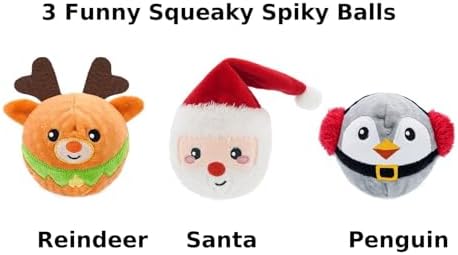 HugSmart Pet Merry Dogmas Squeaky Dog Chew Toy 2-in-1 Christmas Spiky Balls No Stuffing Interactive Toss and Fetch Plush Dog Balls for Small Medium Large Breeds (Snowman Santa Reindeer 3 Pack) - Image 2