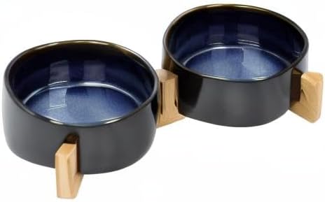 SPUNKYJUNKY Ceramic Dog and Cat Bowl Set with Wooden Stand, Modern Cute Weighted Food Water Set for Small Size Dogs (13.5OZ) & Medium Sized Dogs (28.7OZ) & Cats (1.7 Cups, 2 × Starry Blue)
