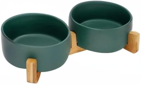 SPUNKYJUNKY Ceramic Dog and Cat Bowl Set with Wooden Stand, Modern Cute Weighted Food Water Set for Large Size Dogs (7.6 Cups, 2 × Green)
