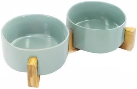 SPUNKYJUNKY Ceramic Dog and Cat Bowl Set with Wooden Stand, Modern Cute Weighted Food Water Set for Small Size Dogs (13.5OZ) & Medium Sized Dogs (28.7OZ) & Cats (3.6 Cups, 2 × Morandi Green)