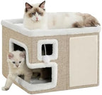 Cat Houses for Indoor Cats, Covered Cat Cave Bed with Scratch Pad and Fluffy Ball, Foldable Cat Hideaway Condo for Large Cats, Modern Kitten Bed,16.5x16.5x13 inches (Khaki‌, L) by Unknown