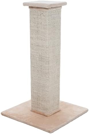 Cat Scratching Post with Carpeted Base - 27.75-Inch Sisal Burlap Fabric Scratcher - Furniture Scratching Deterrent for Indoor Cats by PETMAKER (Beige) by PETMAKER
