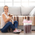 10-20Lbs Portable Cat Dog Food Storage Container with Upgraded Large Spout and Cup Dispenser for Small Large Animal Kibble, Pet Bird Snack, Oatmeal, Rice, Flour, Brown Sugart-3 Pack Pink Blue Green