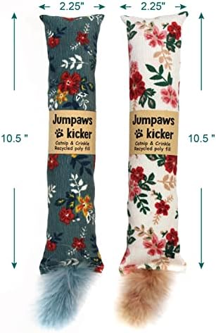Jumpaws 2 Pack Natural Interactive Catnip & Silvervine Cat Kicker with Feathers, Bite Resistant Chew Toy, Crinkle Kicker, Accessories for Indoor Cat, Premium Corduroy Floral - Image 2