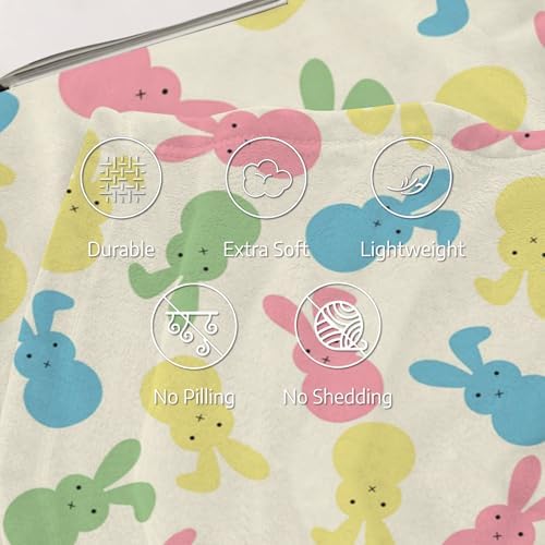 Colorful Easter Rabbit Throw Blanket, Pink Blue Green Yellow Bunny Blanket, Warm Soft Fleece Blanket, Spring Lightweight Flannel Blankets for Couch Sofa Bed Living Room 50"x40" - Image 3