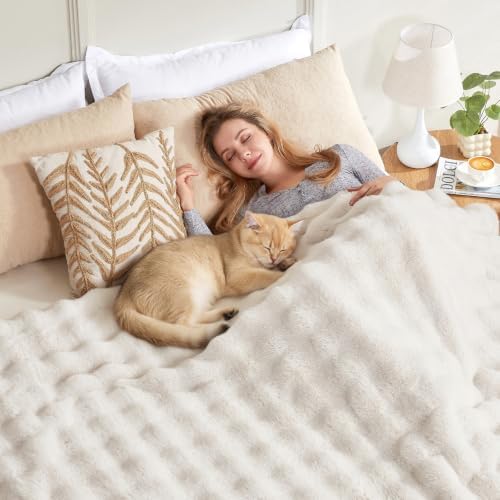 COZY KISS Faux Fur Throw Blanket, Dog Blanket for Bed, 60"x80", Cream - Image 5