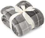 PAVILIA Plaid Sherpa Throw Blanket for Couch Sofa Bed, Light Grey, 50x60 - Image 3
