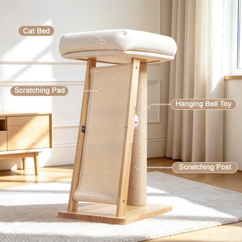 27.5" 3-in-1 Natural Pine Wood Cat Scratching Post for Small Medium Cats - Image 6
