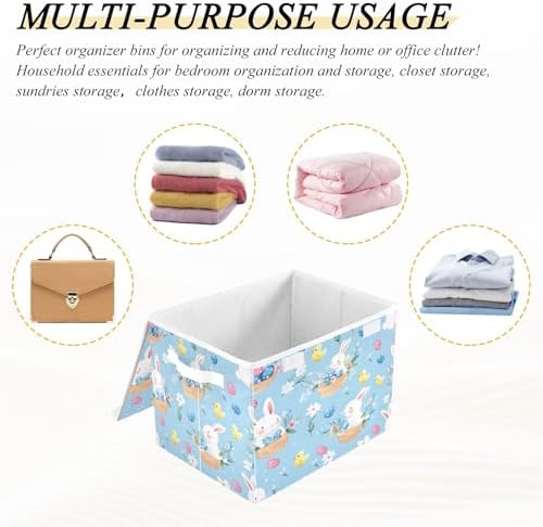Bolaz Cute Bunny Easter Egg Pattern Storage Bins with Lids and Handles, Storage Box Basket with Cover Collapsible Organizer Containers for Home Closet, Shelves - Image 7