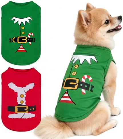 BINGPET 2PCS Dog Christmas Outfit, Soft Cotton Puppy Shirt, Santa Costume by BINGPET