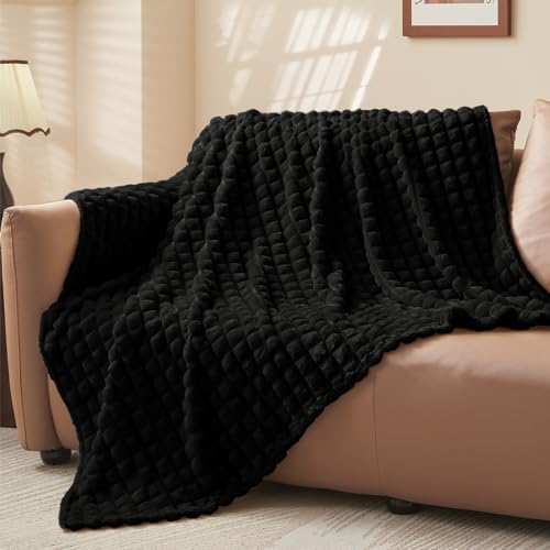 BEDELITE 3D Checked Black Fleece Throw Blanket for Couch, 50x70 Inch - Image 5