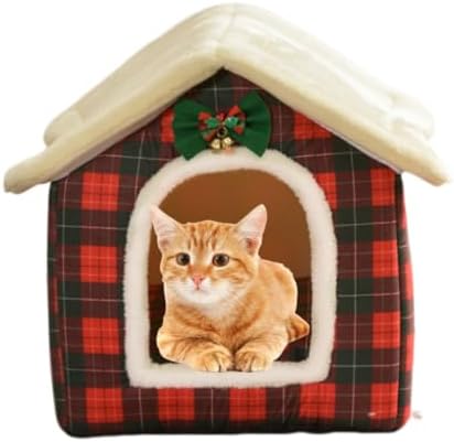 Cat Beds for Indoor Cats, Cute Christmas Plaid Cat Bed Cave by Sothuba