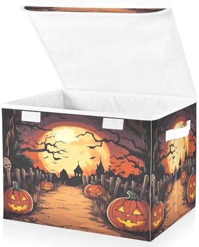 Bolaz Storage Bins with Lids and Handles,Halloween Night Pumpkin Skull Storage Box Storage Basket with Cover Collapsible Organizer Containers for Home Closet, Shelves by Unknown