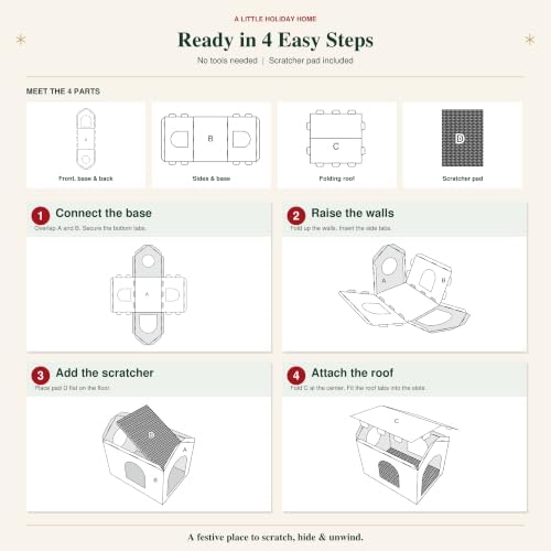 Christmas Cardboard Cat House for Indoor Cats with Scratcher Pad, Xmas House Holiday Hideout Decorations - Image 6