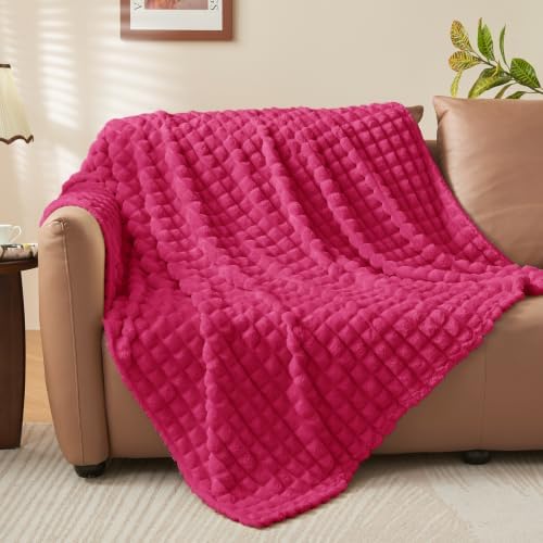 BEDELITE 3D Checked Hot Pink Fleece Twin Throw Blanket for Bed, 60x80 Inch - Image 2