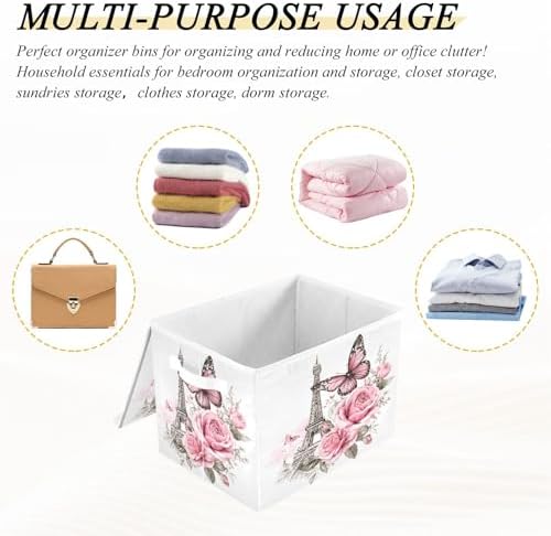Bolaz Bow Flower Eiffel Tower Storage Bins with Lids and Handles, Foldable Storage Box Storage Basket with Cover Collapsible Organizer Containers for Home Closet, Shelves - Image 7