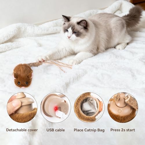 Migipaws Interactive MigiMouse Cat Toy for Chewing Cat, 360° Rolling & Spin with Wiggling Tail for Indoor Cats Smart Motion Sensor, Realistic Squeak, Rechargeable Plush Kitten Toy (Brown) - Image 6