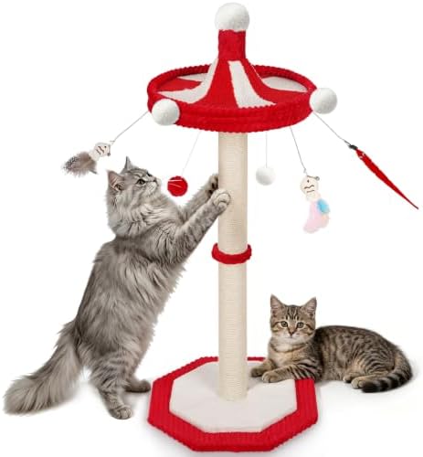 Carousel Cat Scratching Post, 39" Tall Cat Scratcher with Hanging Cat Toys by Casremee