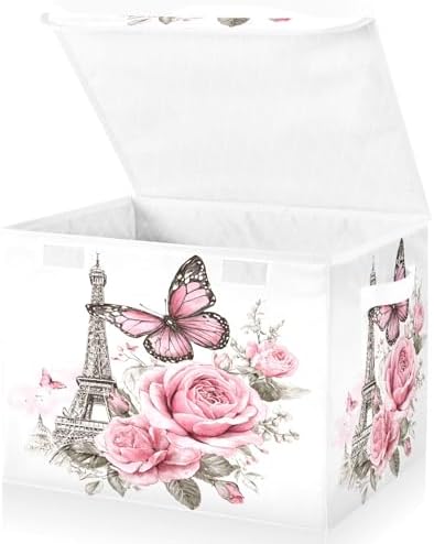 Bolaz Bow Flower Eiffel Tower Storage Bins with Lids and Handles, Foldable Storage Box Storage Basket with Cover Collapsible Organizer Containers for Home Closet, Shelves by Unknown