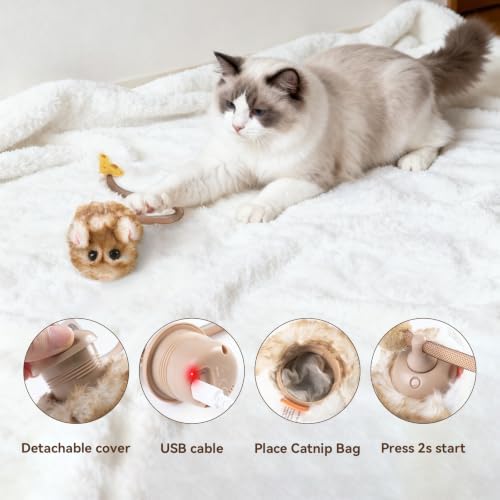 Migipaws Interactive MigiMouse Cat Toy 360° Rolling & Spin with Mesh Plastic Tail for Indoor Cats Smart Motion Sensor, Realistic Squeak, Rechargeable Plush Kitten Toy(Brown Long) - Image 6