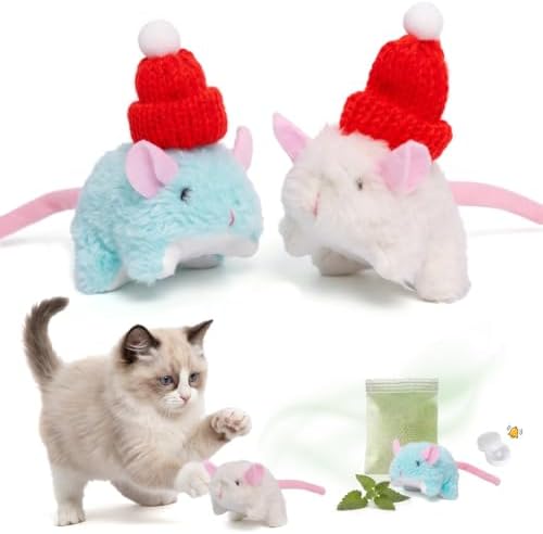 2 Pcs Xmas Catnip Mouse Toys for Cats, Cute Plush Rat Wearing Knit Hat, Built-in Bell & Catnip, Funny Holiday Chew Gift for Indoor Kitty by Caticalife