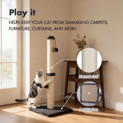 MECOOL 34“ Tall Cat Scratching Post Premium Basics Kitten Scratcher Sisal Scratch Posts Trees with Hanging Ball for Indoor Cats (34 inches for Adult Cats, Charcoal Gray) - Image 4