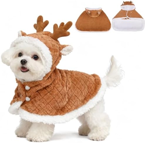 EXPAWLORER Dog Christmas Costume Winter Coat with Hat, Fleece Warm Elk Pet Cloak Cape Blanket with Antlers for Cold Weather, Thicken Dog Sweater Jacket Clothes for Small Medium Large Dogs Cats BrownXL by EXPAWLORER