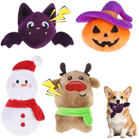 PAWCHIE Halloween Christmas Squeaky Dog Toys, 4 Pack Halloween Dog Toys for Chewers, Interactive Squeaky Plush Pumpkin Bat Elk Snowman Stuffed Dog Toy for Small Medium Large Breed, Funny Pet Gifts by PAWCHIE