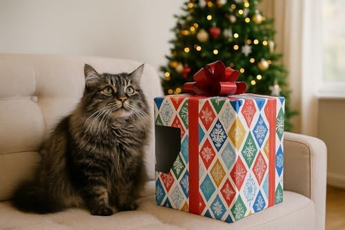 “Cat Gift Box Playhouse – Holiday Toy Hideout, Scratch-Resistant Cardboard House Shaped Like a Gift with Bow – Cute for Cats & Cat Lovers - Image 4