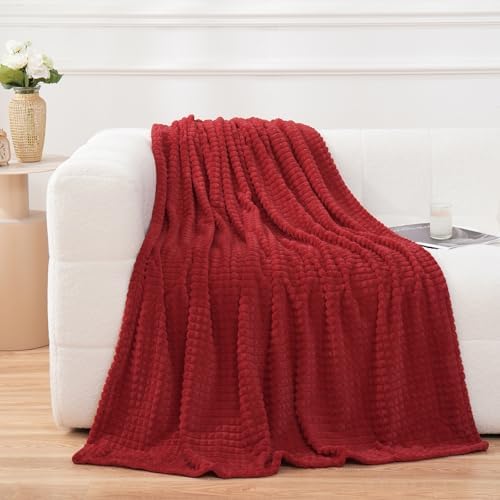 Puncuntex Fleece Throw Blanket Red 50"×70" with Square Grid Design by Puncuntex