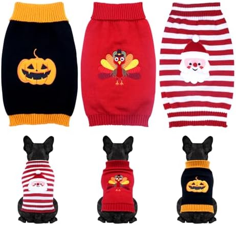 3 Pack Halloween Thanksgiving Christmas Dog Cat Knit Sweater Set - Dog Clothes with Santa Pattern Pumpkin Turkey Pets Costumes-Dog Fall Sweaters for Holiday(s) by Unknown