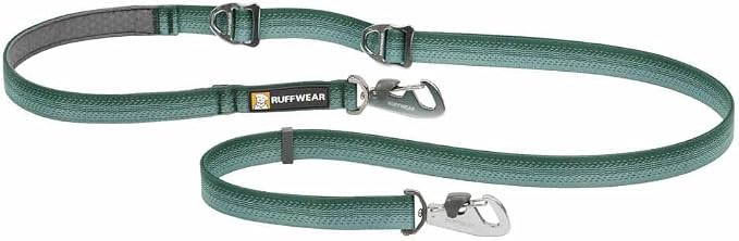 Ruffwear, Switchbak Hands‑Free Dog Leash, Adjustable 2.5–7 ft, Double‑Ended Lead with Lockable Crux Clips and Sliding V‑Rings, Waist‑Worn, Over‑Shoulder or Handheld, River Rock Green