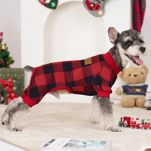 XPUDAC 4 Pack Dog Pajamas for Small Dogs Cats Plaid Doggie Clothes Puppy Onesies Christmas Pajamas Jumpsuits Pet Pjs Shirt Apparel Small, Red Green Khaki Grey - Image 2