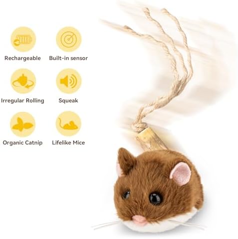 Migipaws Interactive MigiMouse Cat Toy for Chewing Cat, 360° Rolling & Spin with Wiggling Tail for Indoor Cats Smart Motion Sensor, Realistic Squeak, Rechargeable Plush Kitten Toy (Brown) - Image 4