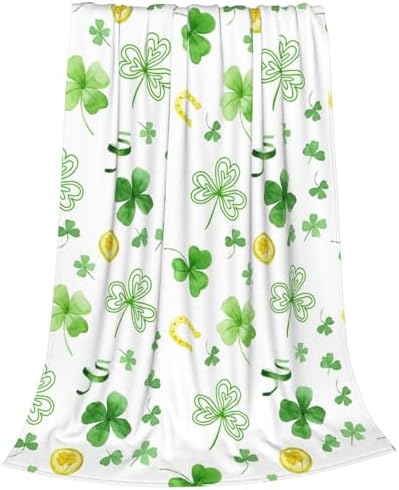 St. Patrick's Day Shamrock Throw Blanket, Ireland Greens Clovers Gold Coin Horseshoe Flannel Blanket, Soft Lightweight Warm Fleece Blanket for Sofa Chair Couch, 30 x 40 Inch by Qilerongrong