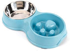 Slow Feeder Dog cat Double Bowl Stainless Steel and Anti-Choking Blue