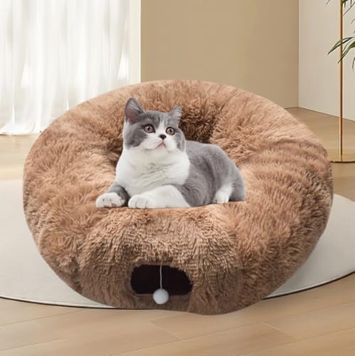 Cat Tunnel Christmas Tree Skirt， Cat Bed Under The Xmas Tree, Soft Plush Kitty Tunnel Bed with Washable Cushion, Two-Entry Peekaboo Round Christmas Cats Donut for Kitten Puppy Rabbit Ferret (Brown) - Image 7