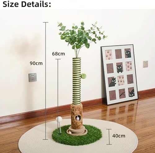 Cat Scratching Post, Two Tone Tall Sisal Scratch Pole For Indoor Cats,Artificial Turf Base Cat Tower With Hanging Toy,Double Ball Track & Simulated Mouse Hole,Strong Post For Kittens/Cats (35 in Post) - Image 2