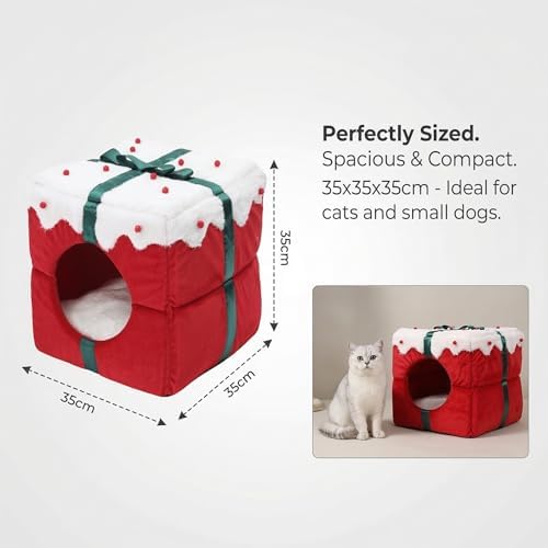 Winter Warm Cat Cave Bed for Kittens Small Dogs, 14 IN Soft Cat Sleeping Bag with Removable Washable Cushion, Non-Slip Bottom Enclosed Cozy Pet Nest, Christmas Pet Gift for Indoor Cats Puppies - Image 2
