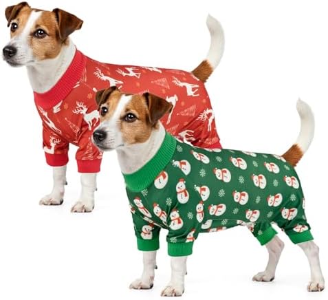 2-Pack Christmas Dog Pajamas Xmas Pet Pjs with Snowman Elk Patterns Christmas Dog Onesie Jumpsuits Jammies Clothes Stretchy Shirts Comfy Outfit Costume Apparel for Small Medium Large Dogs S by Vehomy