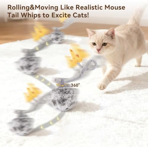 Migipaws Interactive MigiMouse Cat Toy 360° Rolling & Spin with Wiggling Tail for Indoor Cats Smart Motion Sensor, Realistic Squeak, Rechargeable Plush Kitten Toy(Grey Long) - Image 2
