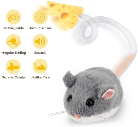Migipaws Interactive MigiMouse Cat Toy 360° Rolling & Spin with Mesh Plastic Tail for Indoor Cats Smart Motion Sensor, Realistic Squeak, Rechargeable Plush Kitten Toy(Grey) - Image 4