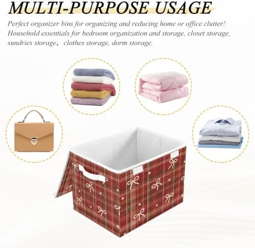 Bolaz Checked Bow Storage Bins with Lids and Handles, Storage Box Basket with Cover Collapsible Organizer Containers for Home Closet, Shelves - Image 7