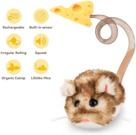 Migipaws Interactive MigiMouse Cat Toy 360° Rolling & Spin with Mesh Plastic Tail for Indoor Cats Smart Motion Sensor, Realistic Squeak, Rechargeable Plush Kitten Toy(Brown Long) - Image 4